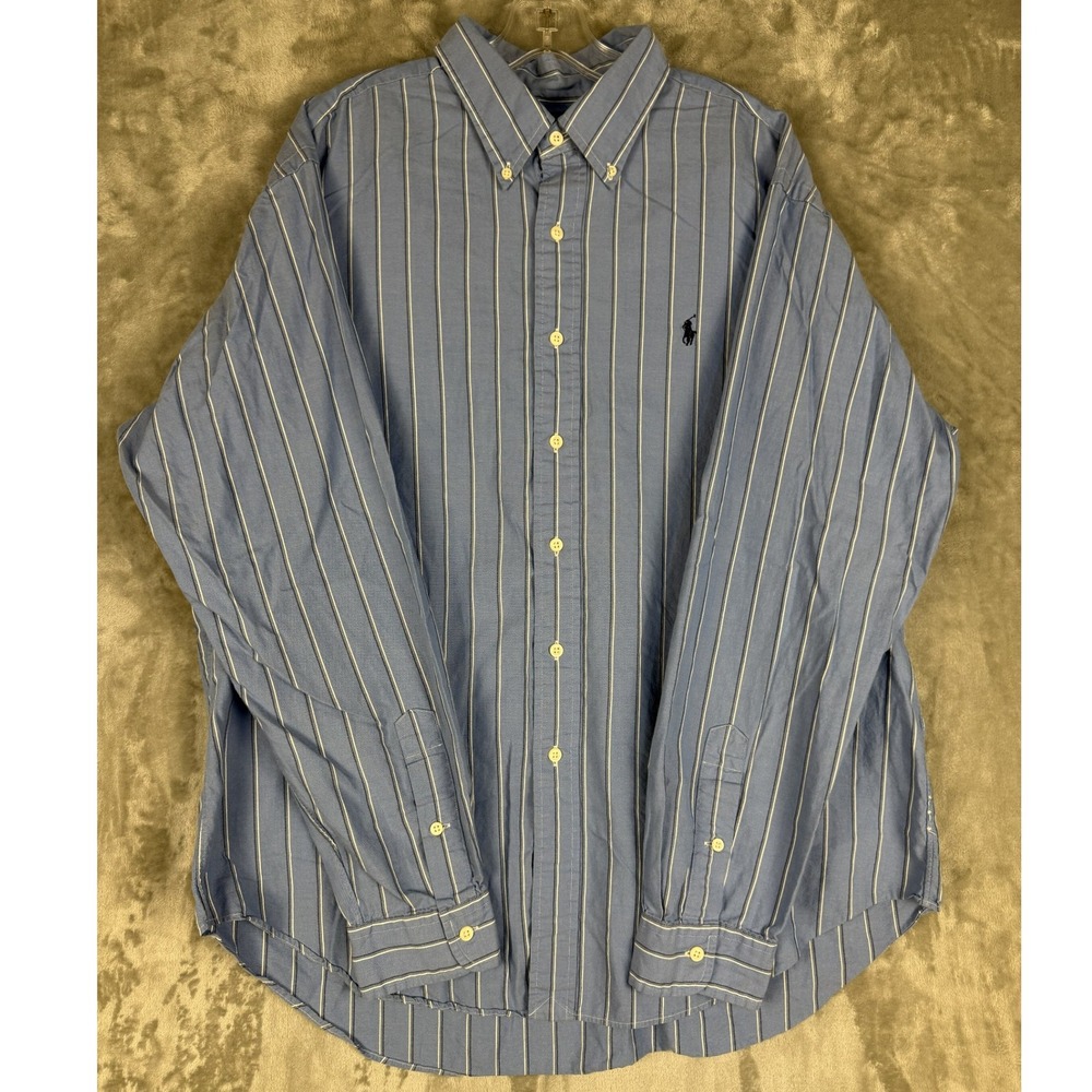 Y2K Ralph Lauren Classic Fit Blue‎ Striped Button Down Shirt Mens XL